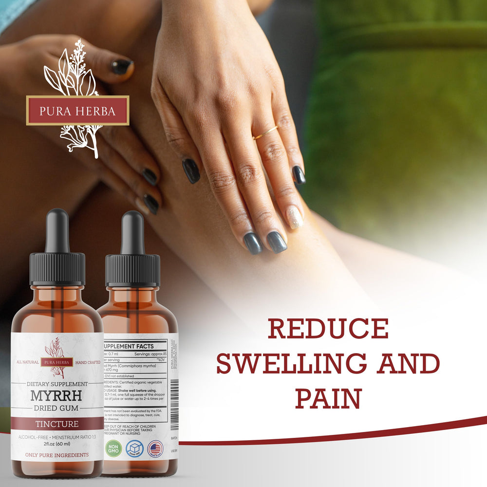 Pura Herba organic myrrh tincture with dropper for easy dosing