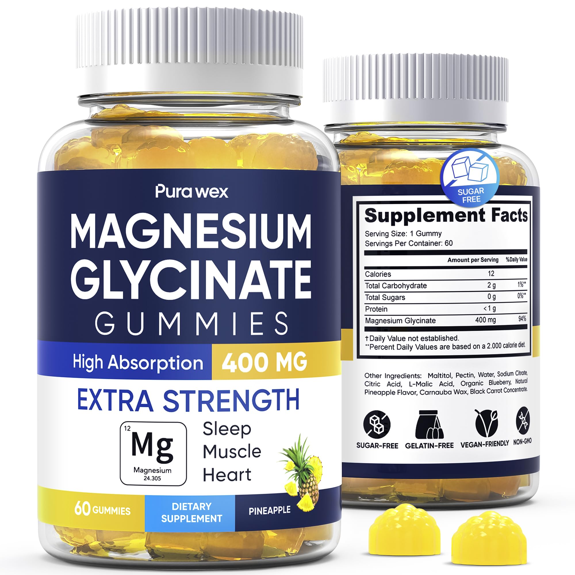 PURA WEX Magnesium Glycinate Gummies 400mg bottle showing high-absorption formula.