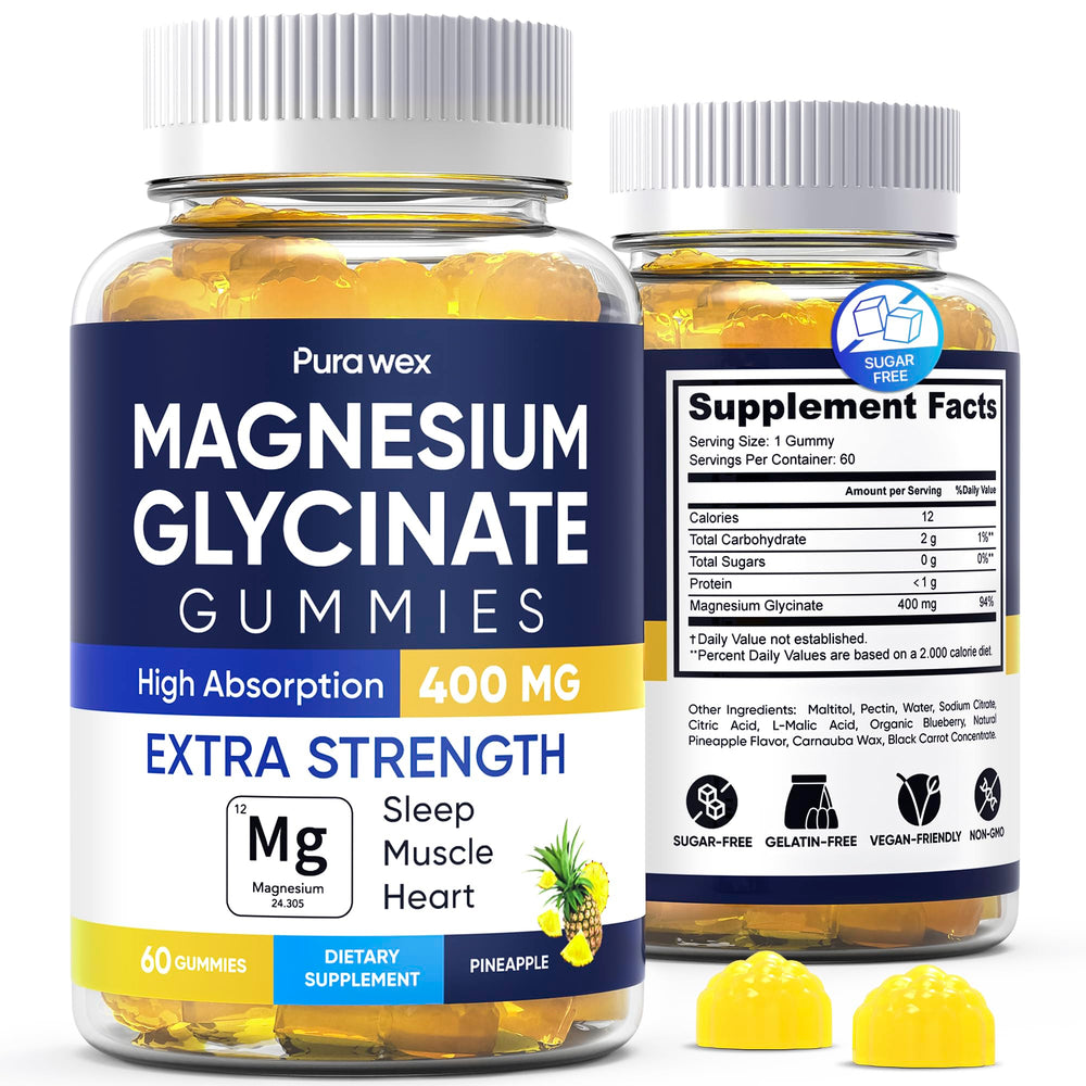 PURA WEX Magnesium Glycinate Gummies 400mg bottle showing high-absorption formula.