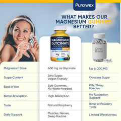 PURA WEX Magnesium Glycinate Gummies close-up highlighting chewy texture.