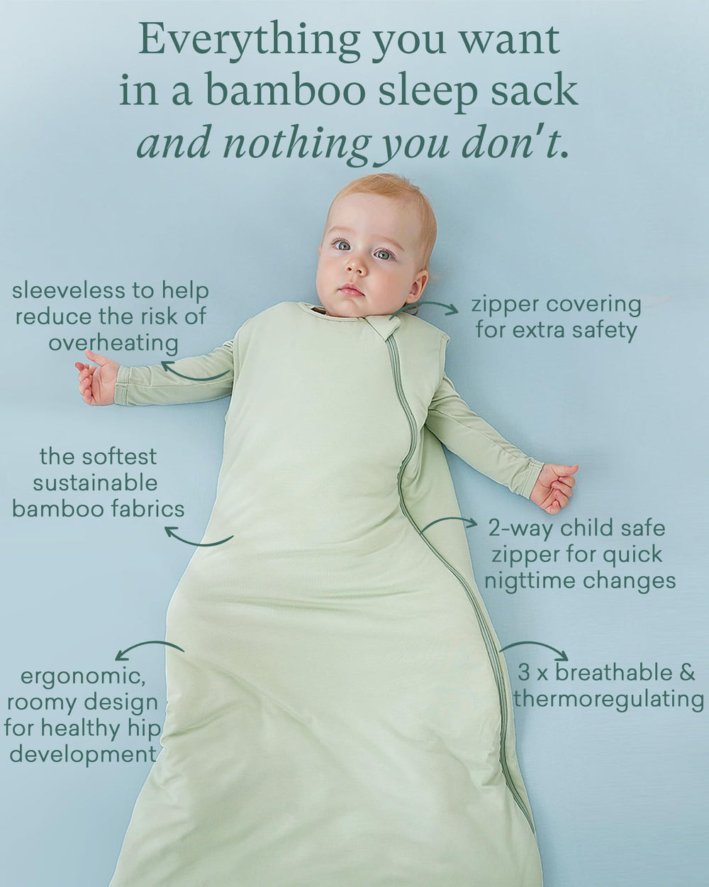 PurComfy Sage sleep sack fabric: 96% viscose, 4% spandex with 100% polyester filling.