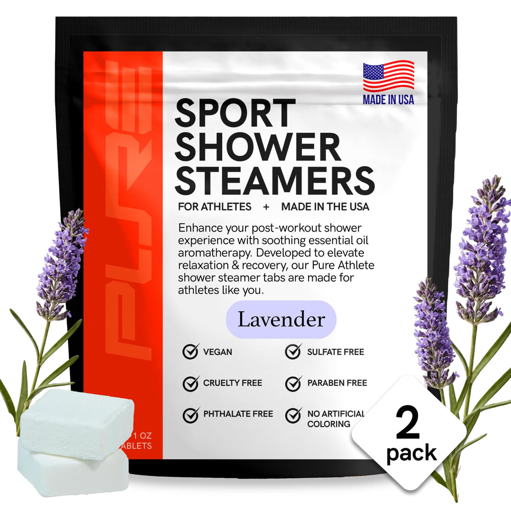 Pure Athlete lavender packaging showcases aromatherapy-ready design in the shower.