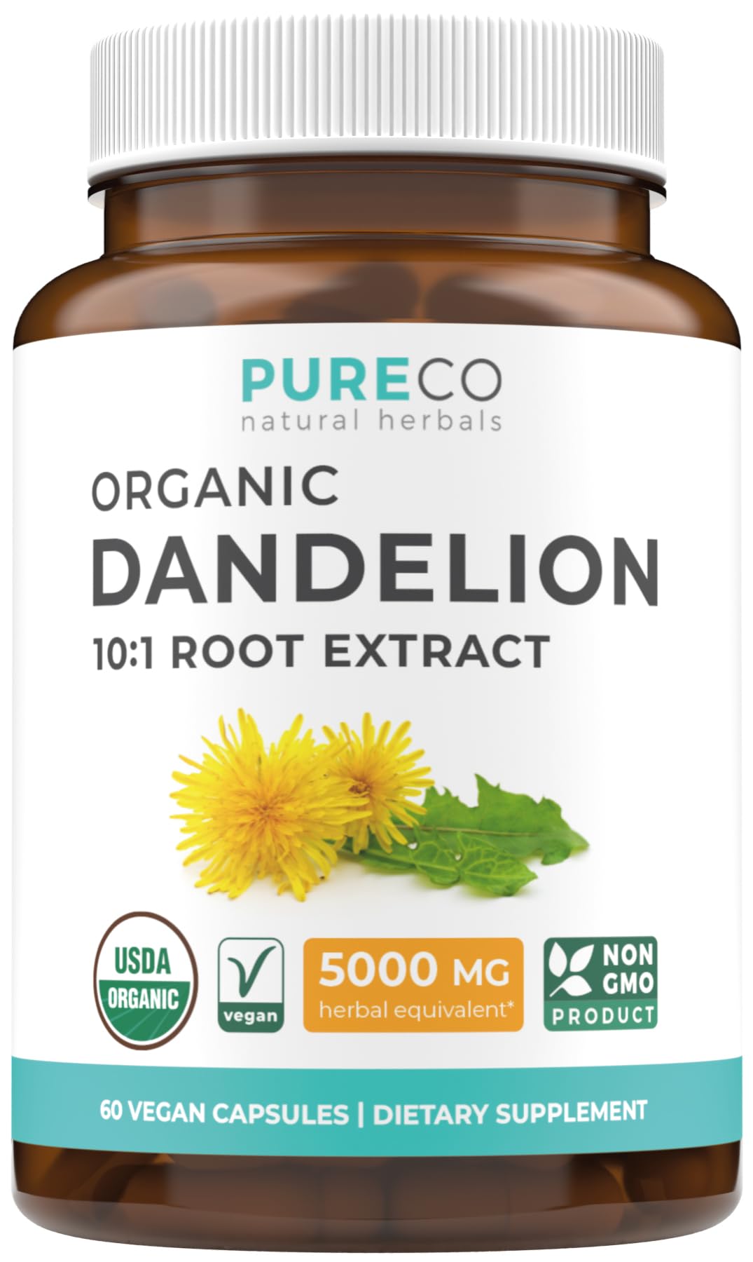 Pure Co dandelion root extract bottle front view for easy daily use