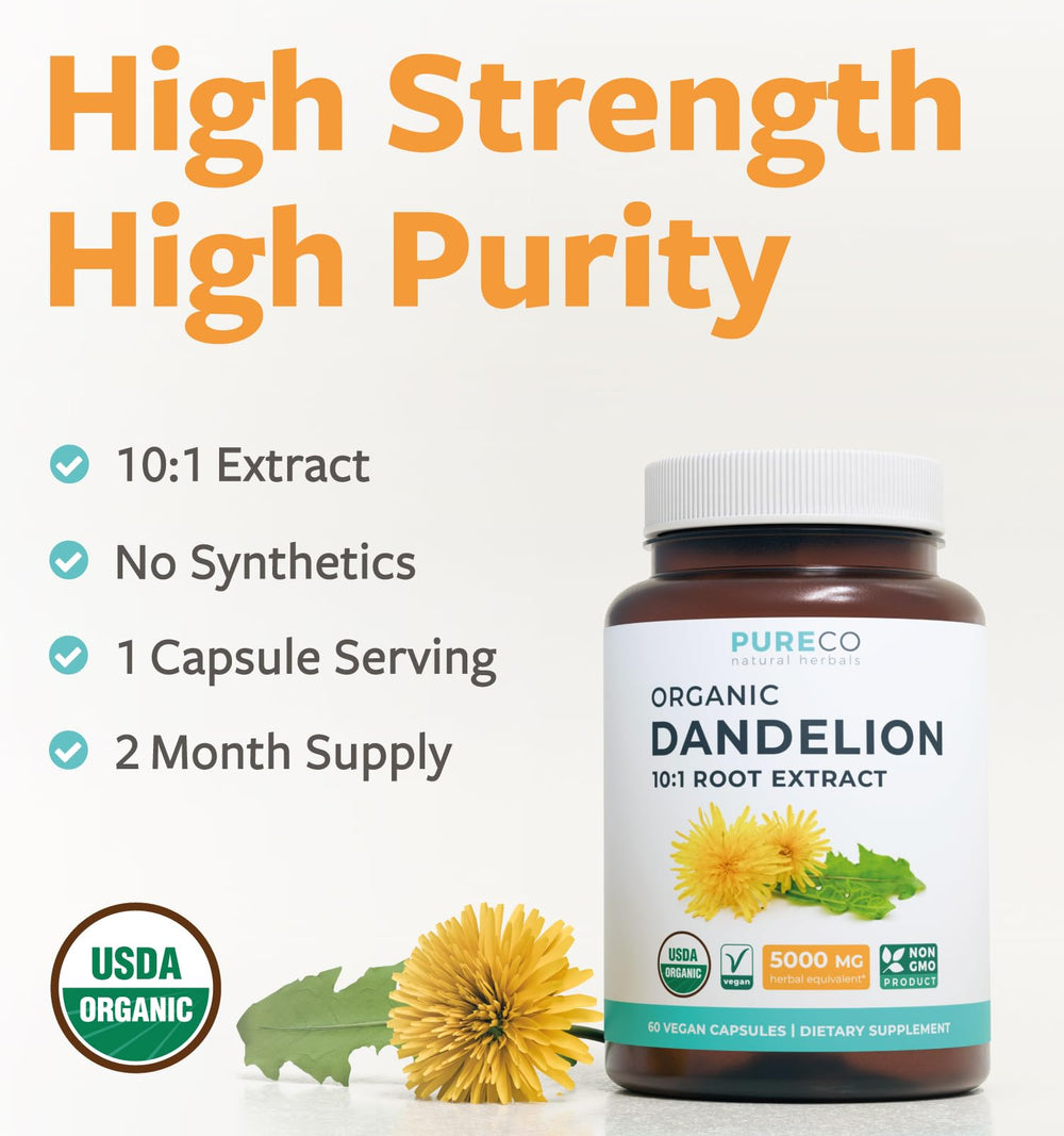 Pure Co dandelion root extract bottle label close-up highlighting organic quality