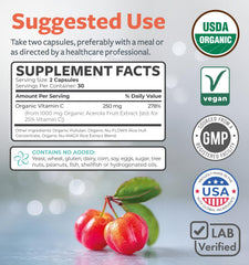 Pure Co Organic Vitamin C label highlighting whole-food acerola source.