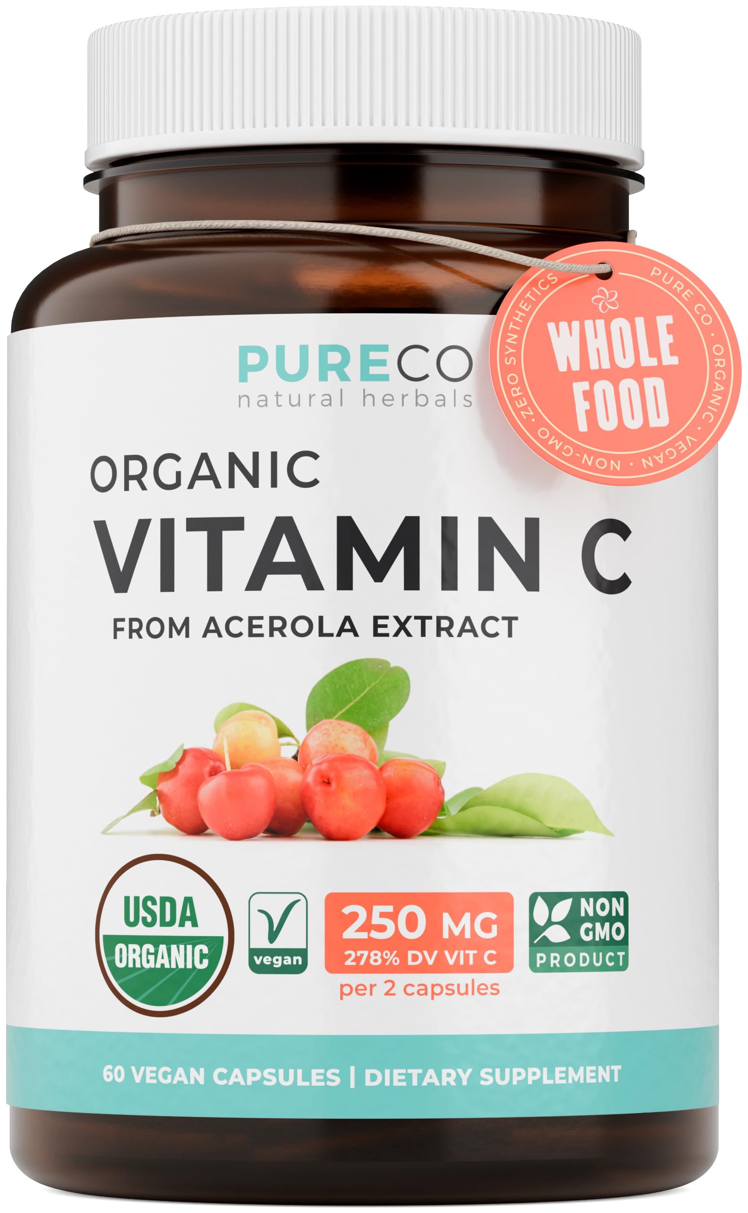 Pure Co vitamin C bottle on a shelf, supporting daily immune wellness.