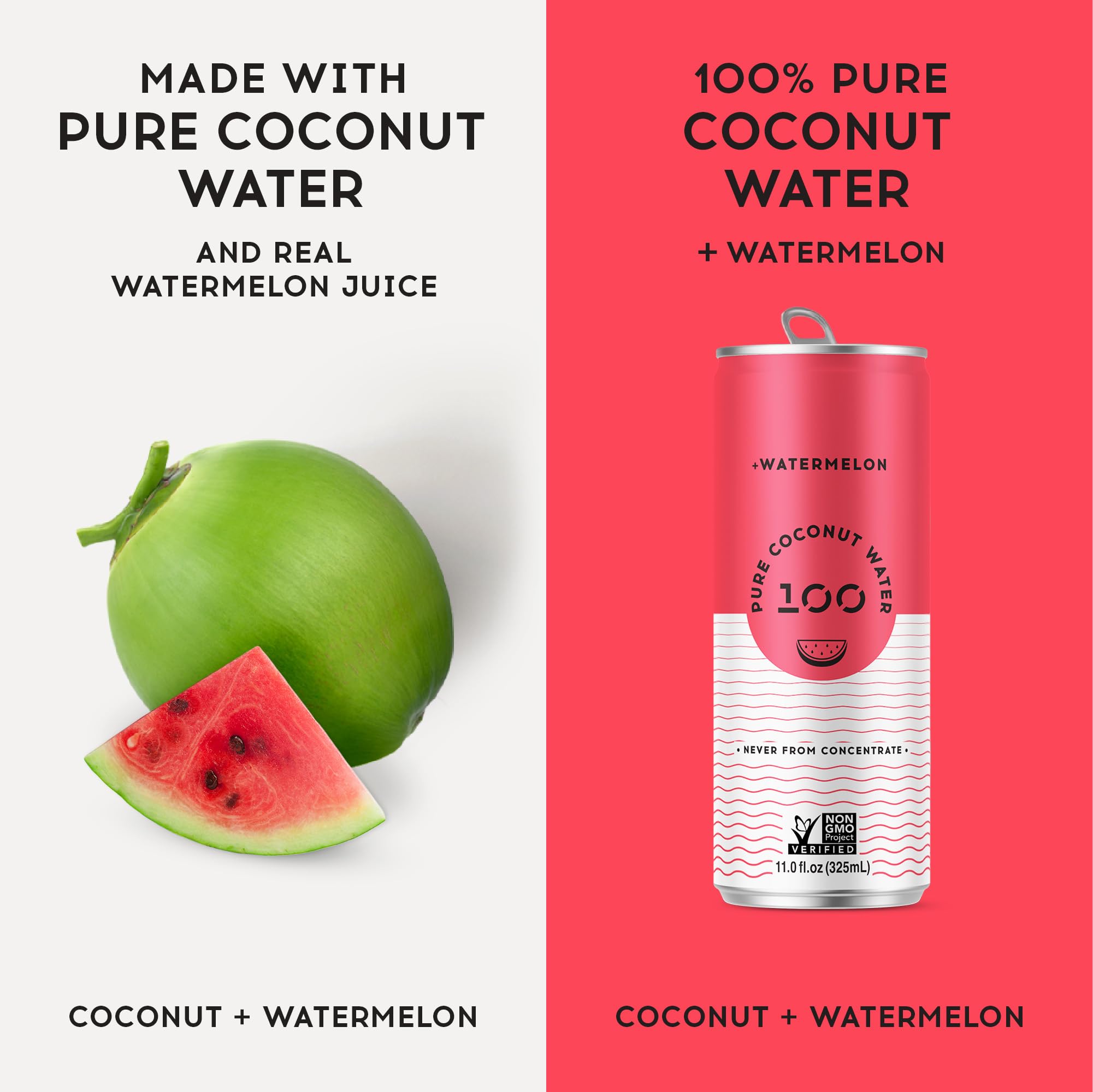 Pure Coconut Water 100 Watermelon label closeup, clean ingredients and non-GMO claim.