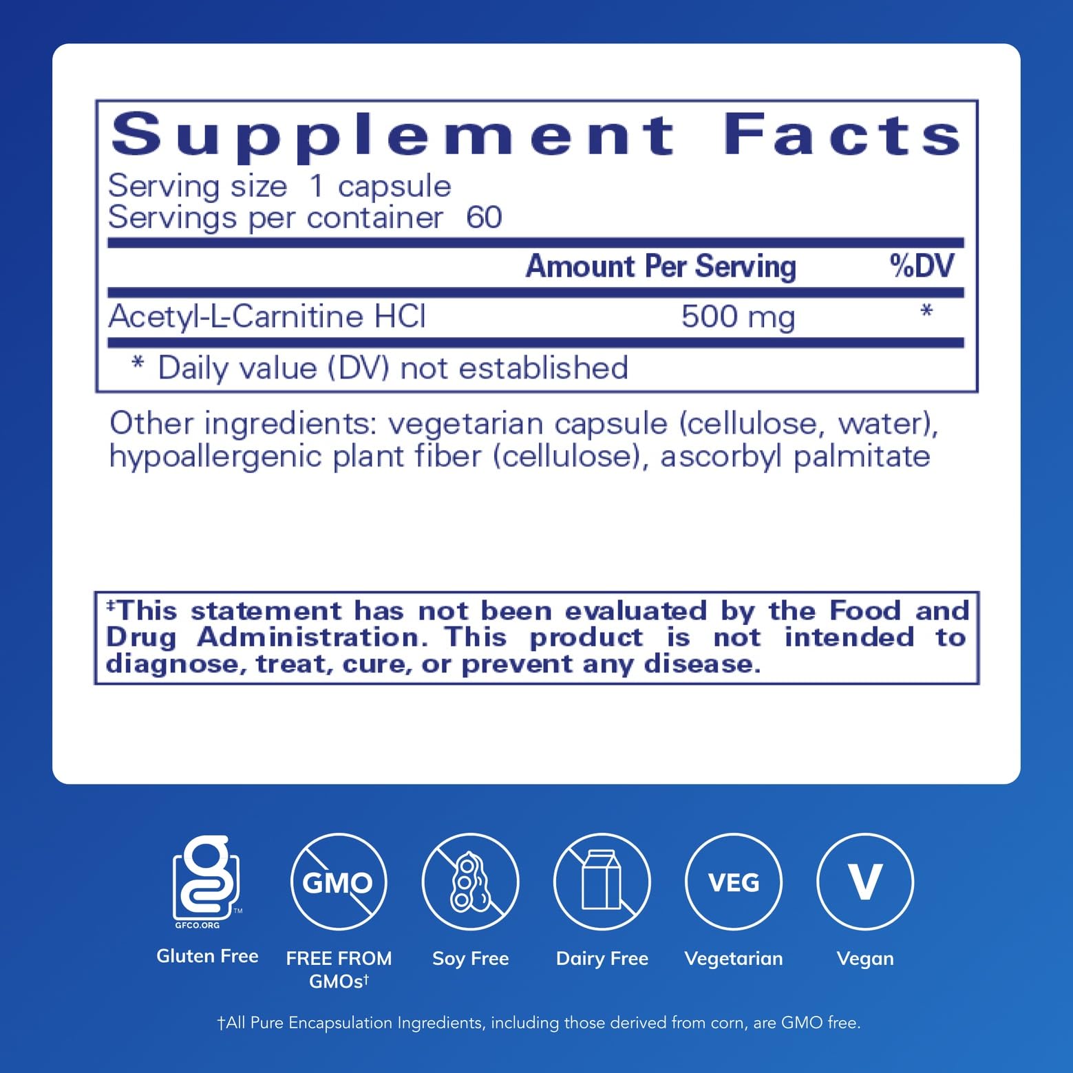 Close-up of Pure Encapsulations Acetyl-L-Carnitine 500 mg capsules for daily brain support.