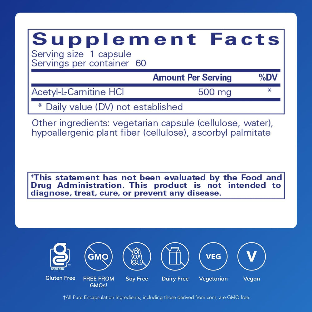 Close-up of Pure Encapsulations Acetyl-L-Carnitine 500 mg capsules for daily brain support.