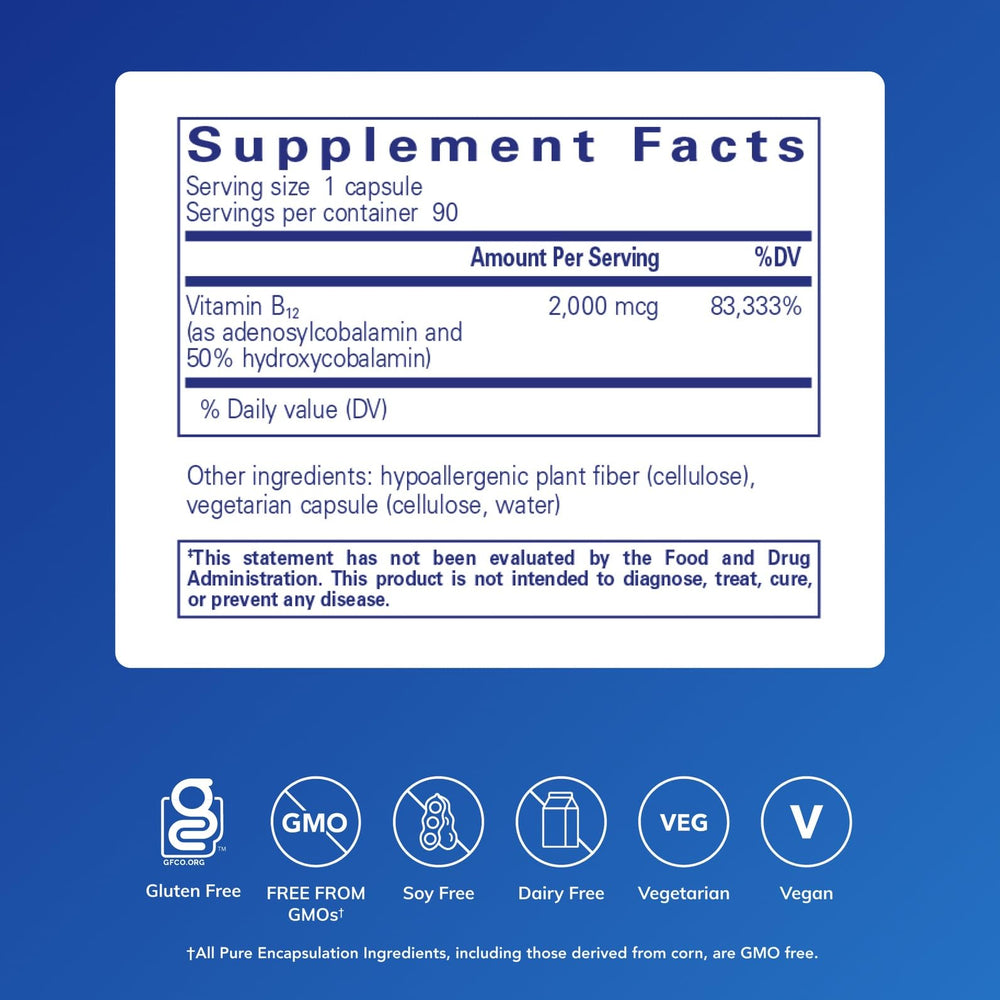 Pure Encapsulations Adenosyl/Hydroxy B12 bottle shows vegan formula.