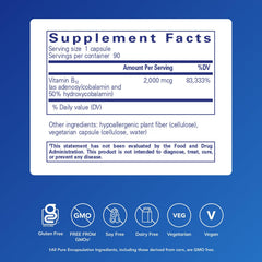 Pure Encapsulations Adenosyl/Hydroxy B12 bottle shows vegan formula.