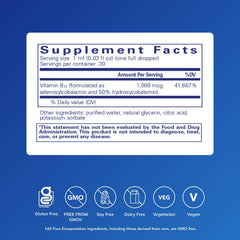 Close-up of dropper releasing Adenosyl/Hydroxy B12 Liquid for daily energy