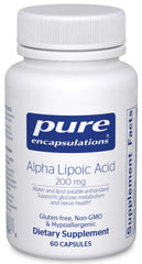 Pure Encapsulations Alpha Lipoic Acid 200 mg bottle for vegan antioxidant support.