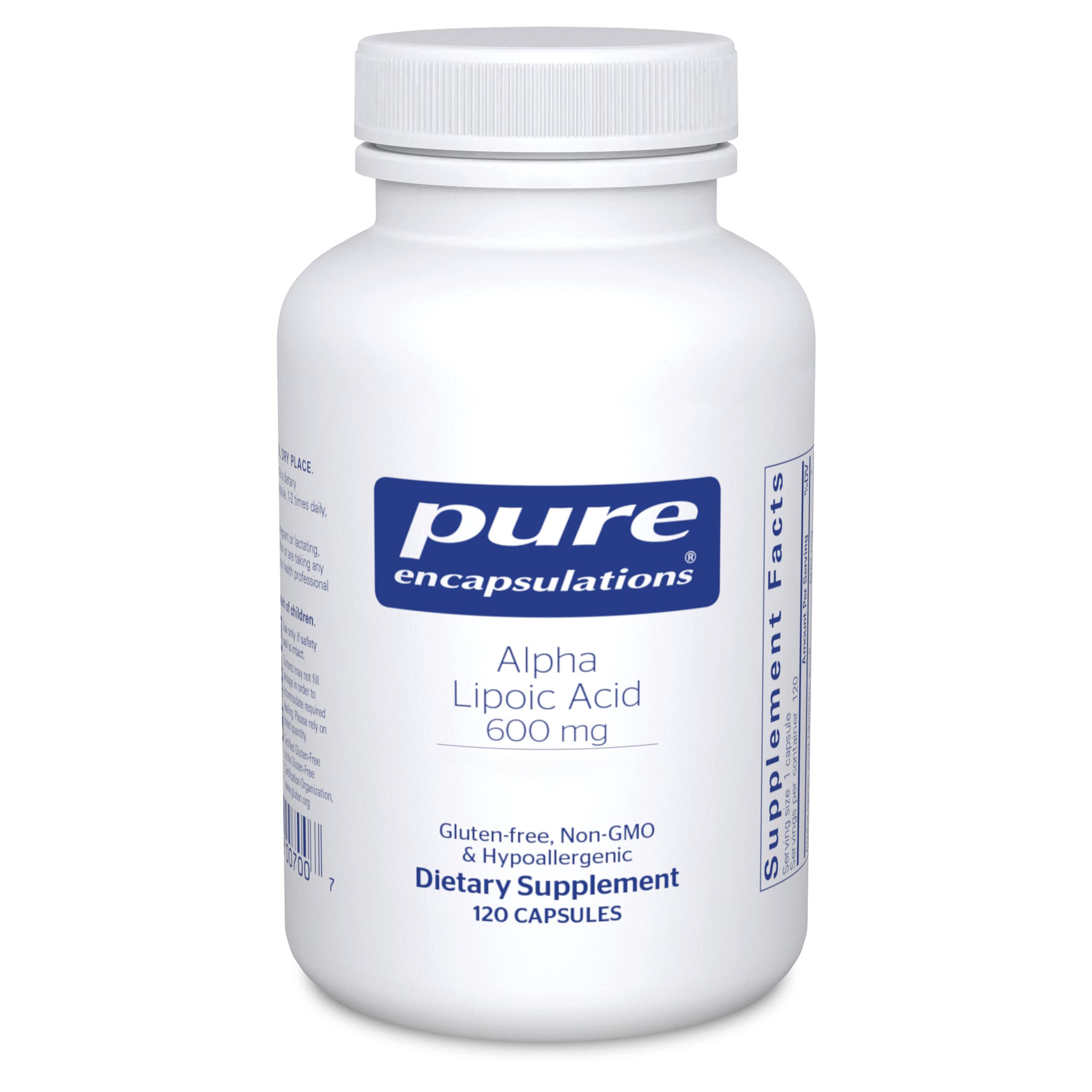 Pure Encapsulations Alpha Lipoic Acid 600 mg bottle-front highlights antioxidant support