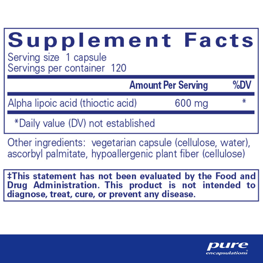 Pure Encapsulations Alpha Lipoic Acid 600 mg bottle-label conveys purity for reliable supplementation