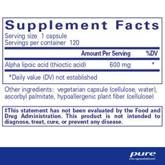 Pure Encapsulations Alpha Lipoic Acid 600 mg bottle-label conveys purity for reliable supplementation