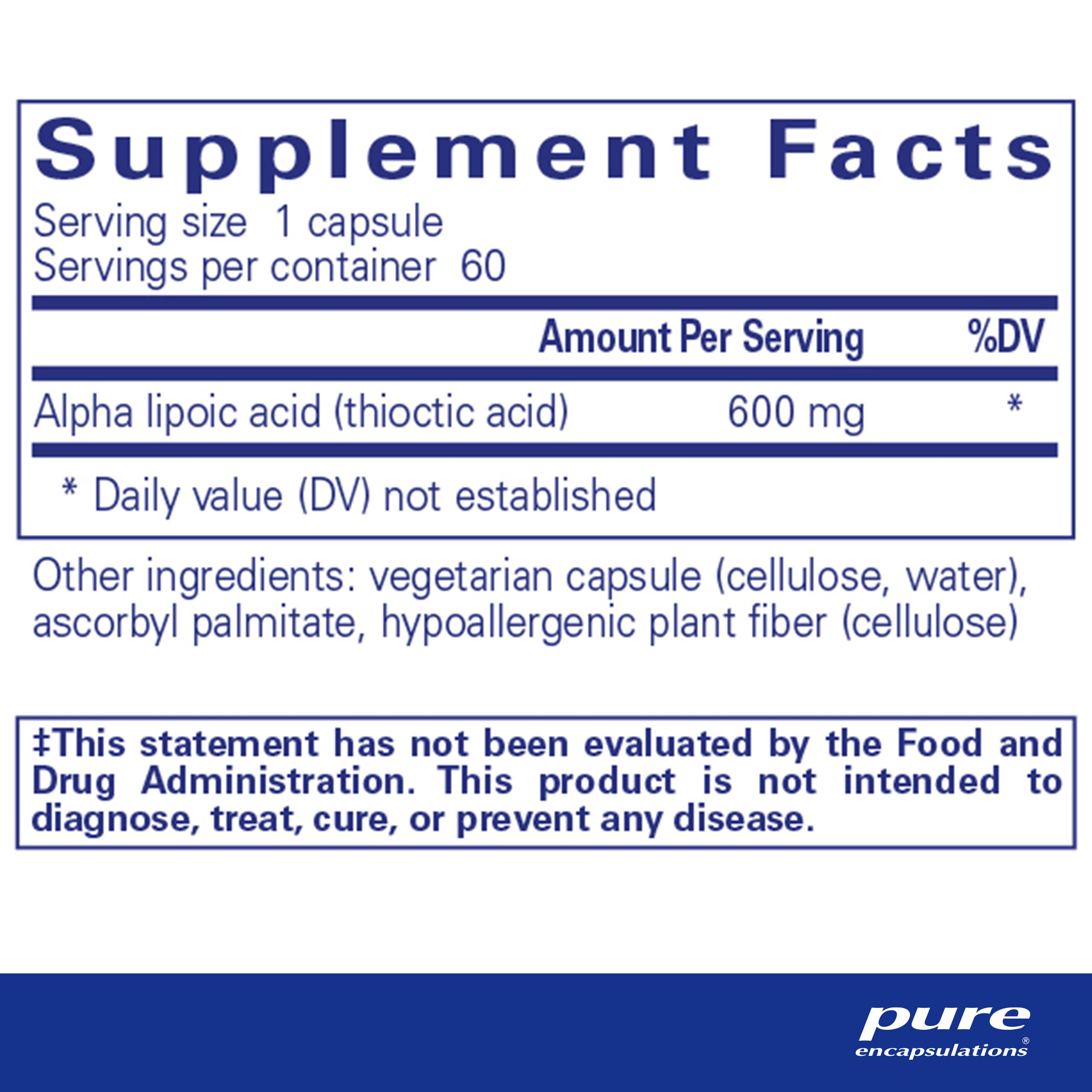 Pure Encapsulations Alpha Lipoic Acid 600 mg capsules offer nerve health support for daily activity.