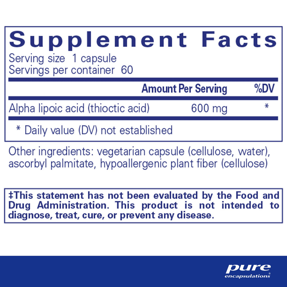 Pure Encapsulations Alpha Lipoic Acid 600 mg capsules offer nerve health support for daily activity.