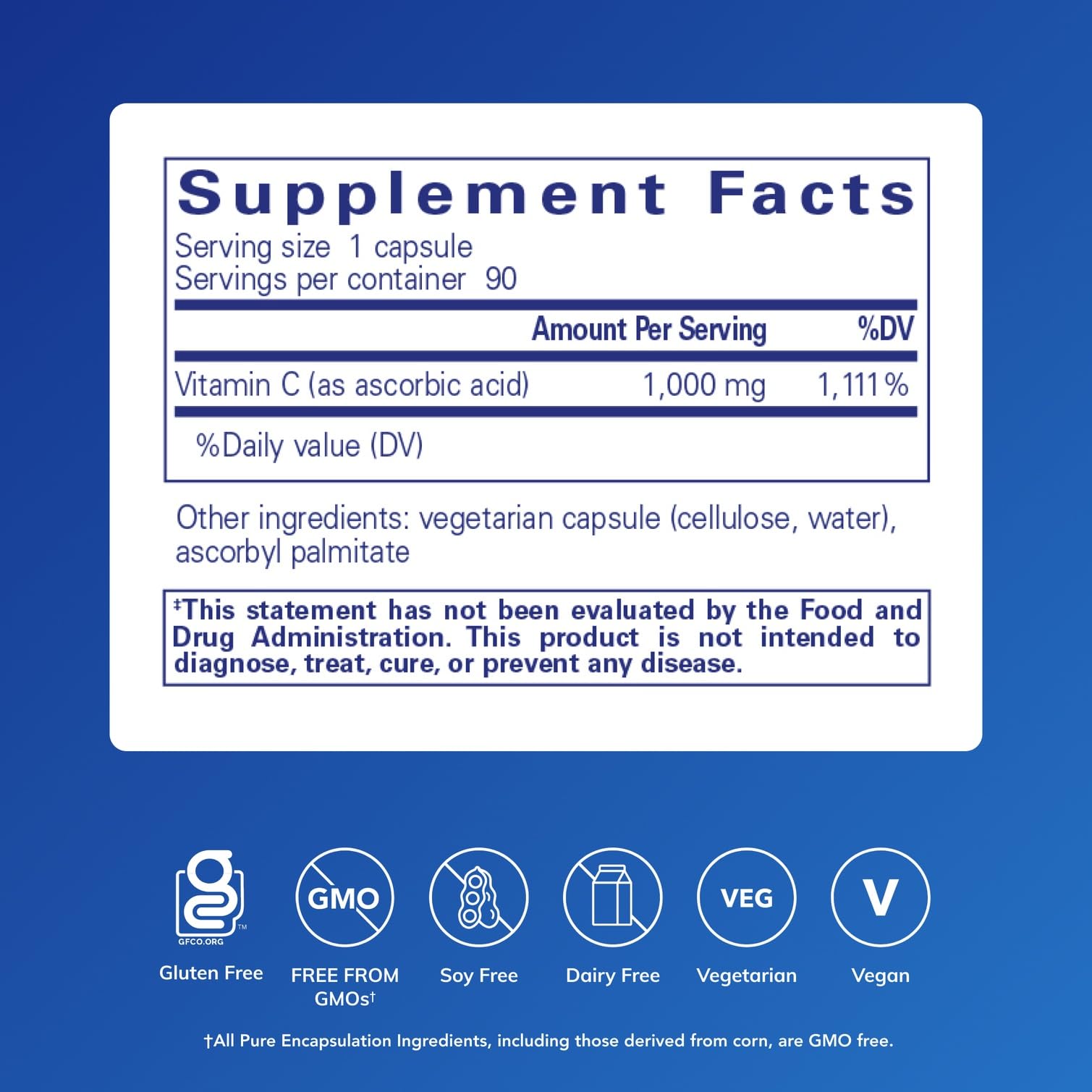 Close-up of Pure Encapsulations ascorbic acid capsules showing high-potency Vitamin C per capsule