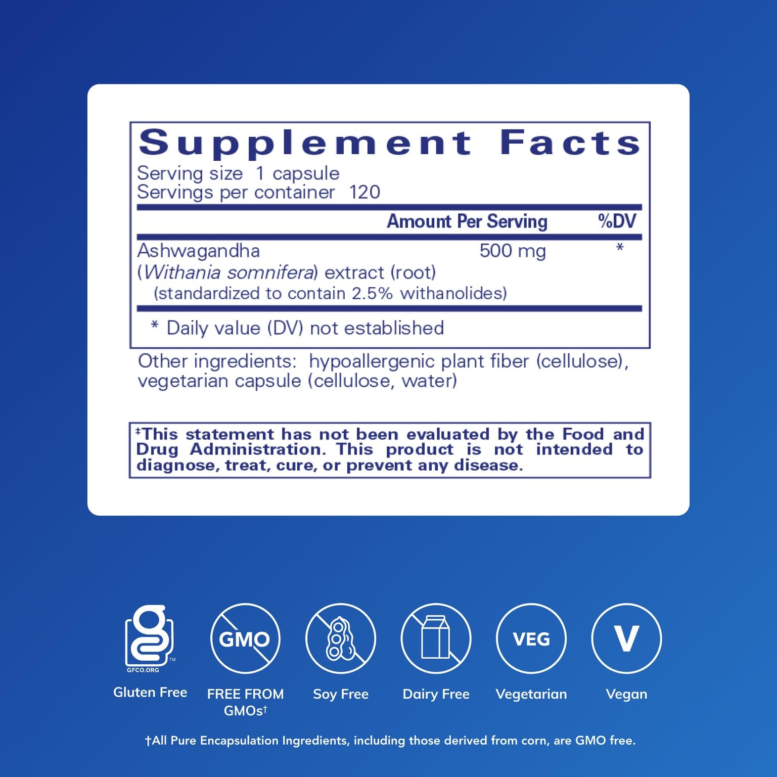 Pure Encapsulations Ashwagandha bottle label shows 500 mg extract for daily resilience.