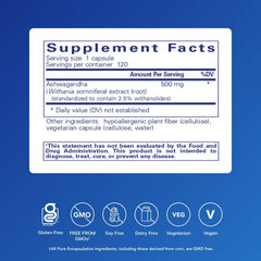 Pure Encapsulations Ashwagandha bottle label shows 500 mg extract for daily resilience.