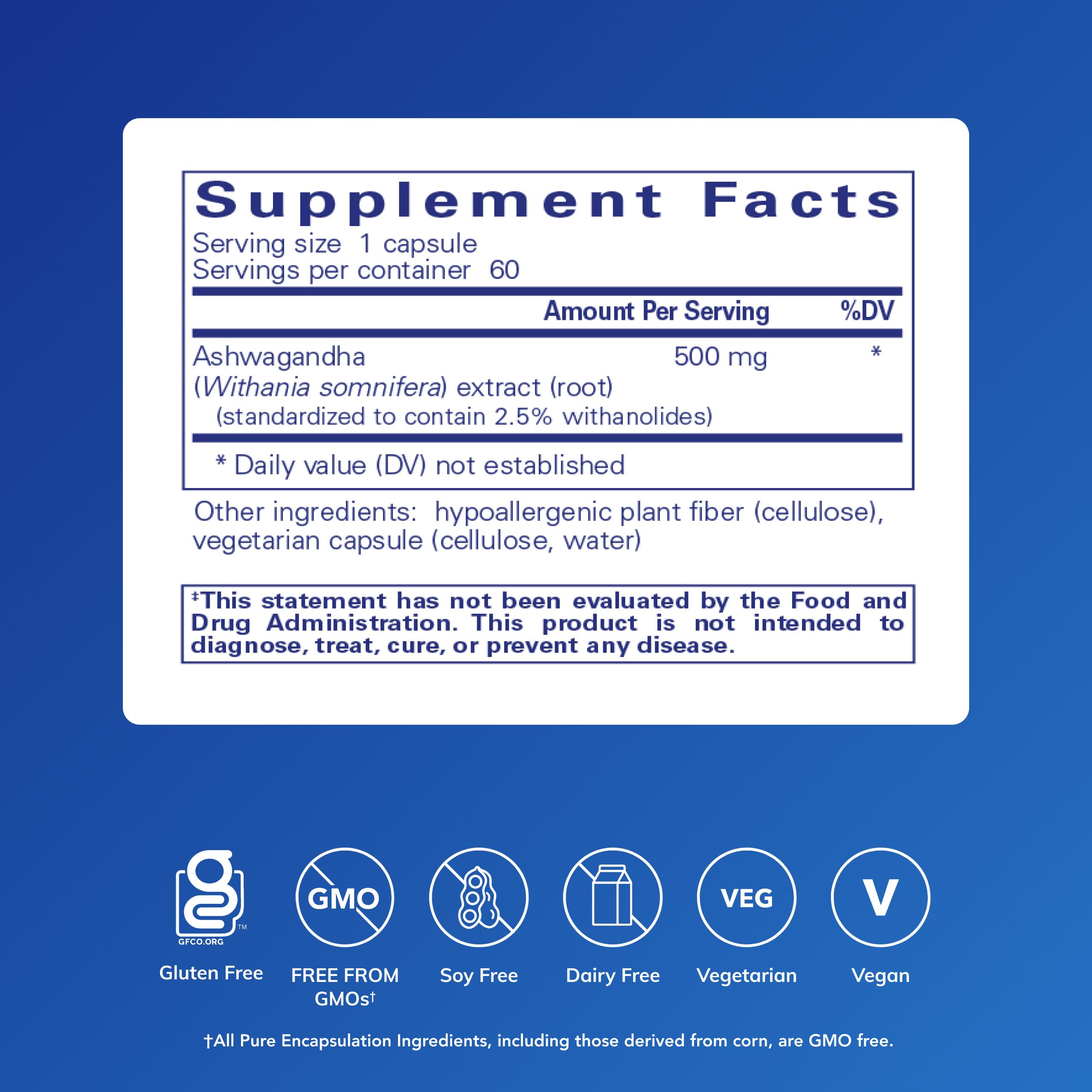 Ashwagandha capsules on label highlight vegan GMO-free formulation