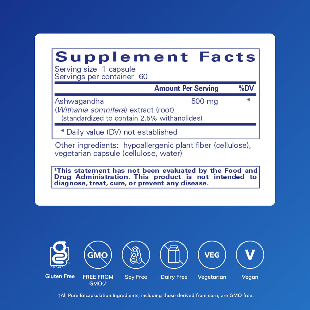 Ashwagandha capsules on label highlight vegan GMO-free formulation