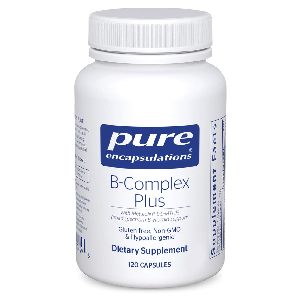 Pure Encapsulations B-Complex Plus bottle with capsules supports nervous system and energy.