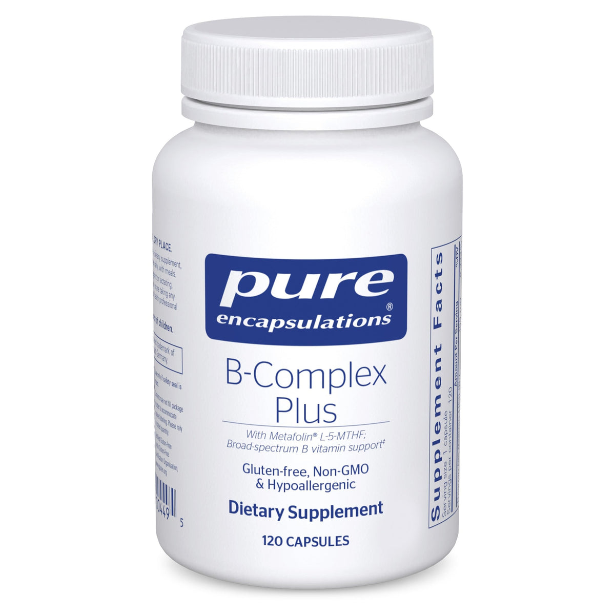 Pure Encapsulations B-Complex Plus bottle with capsules supports nervous system and energy.