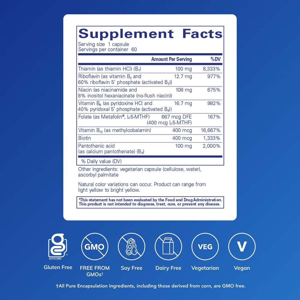 Pure Encapsulations B-Complex Plus capsules arranged for daily nervous system support.