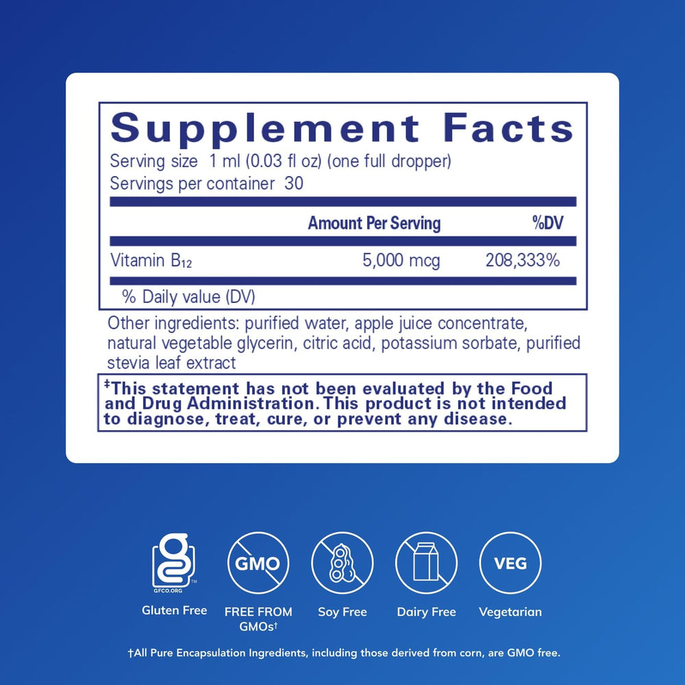 Pure Encapsulations B12 5,000 liquid dropper pouring into glass for nerve health