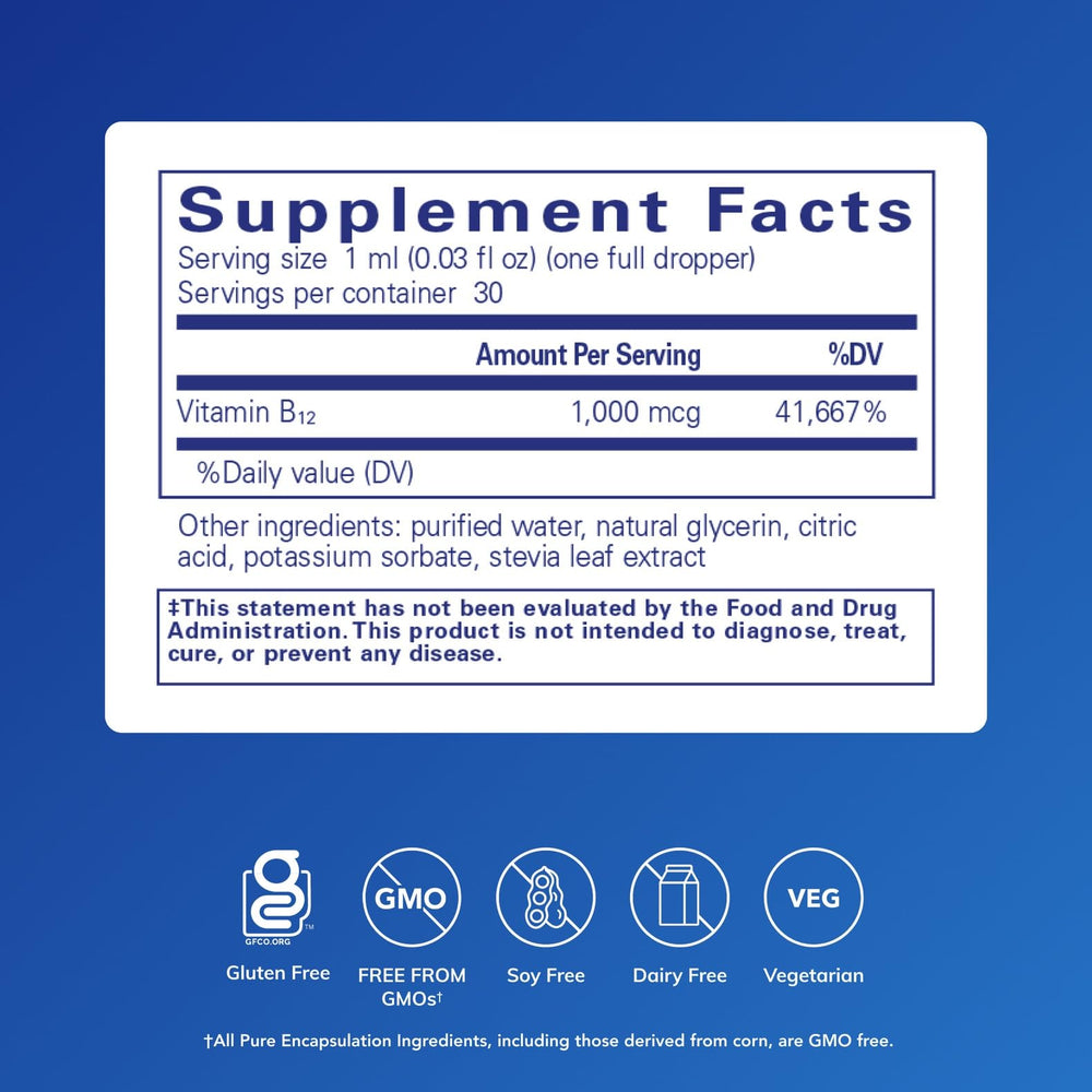 Pure Encapsulations B12 Liquid bottle label closeup with methylcobalamin details