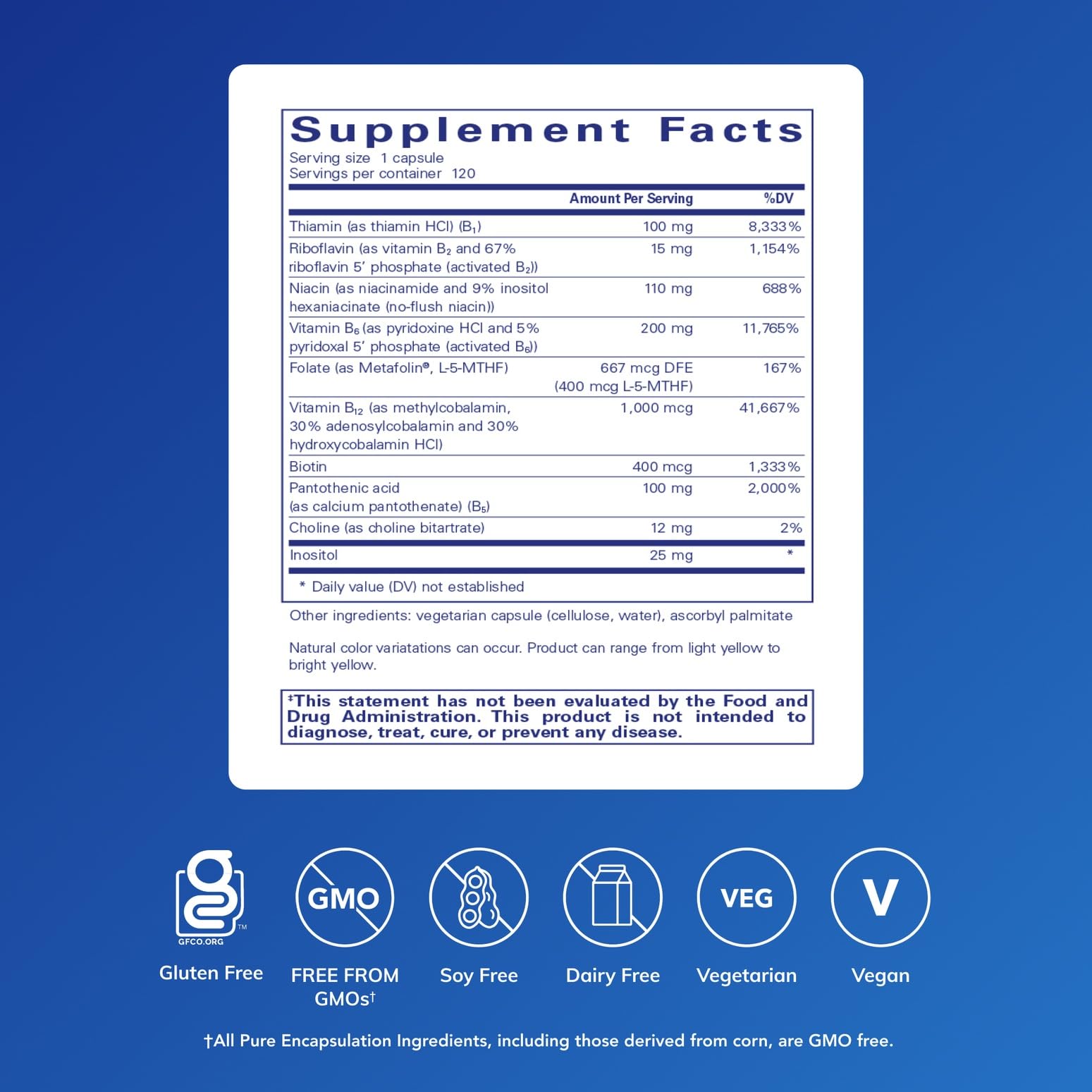 Pure Encapsulations B6 Complex label emphasizing clean ingredient listing and quality