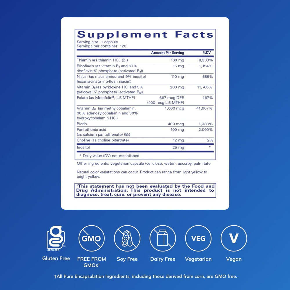 Pure Encapsulations B6 Complex label emphasizing clean ingredient listing and quality