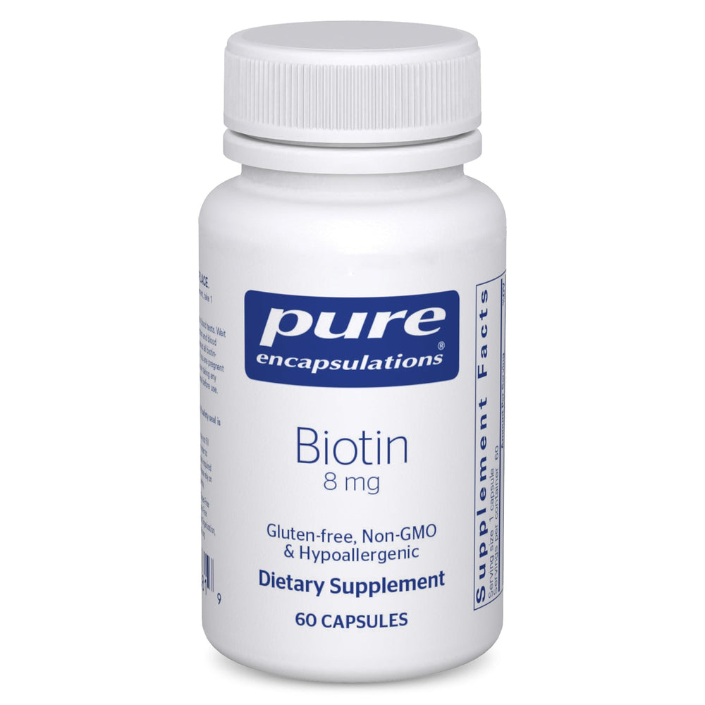 Pure Encapsulations Biotin 8 mg bottle label close-up for hair and nails