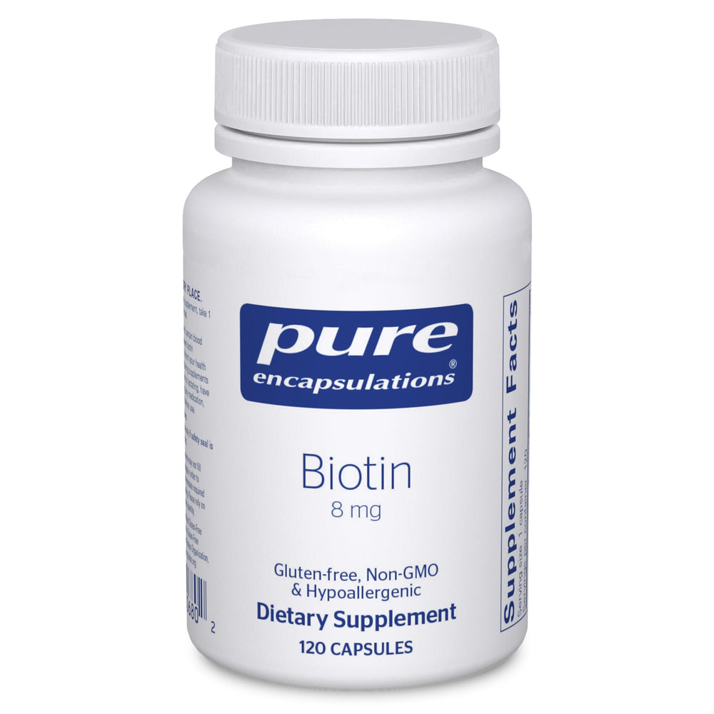 Pure Encapsulations Biotin 8 mg bottle label highlights premium formulation for hair, skin, and nails.