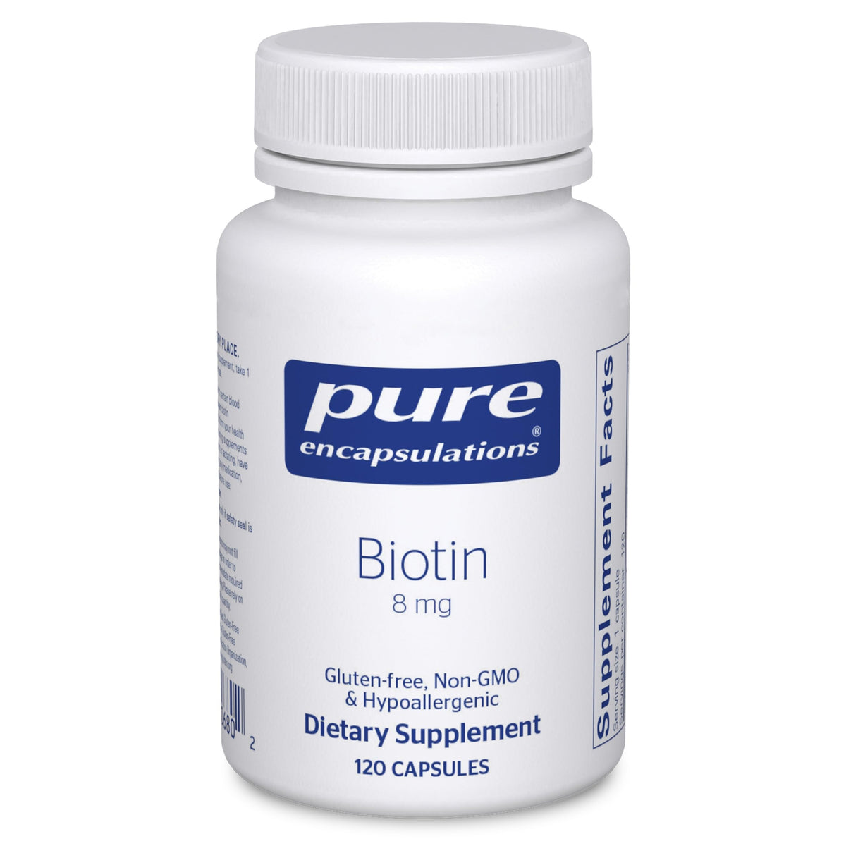 Pure Encapsulations Biotin 8 mg bottle label highlights premium formulation for hair, skin, and nails.