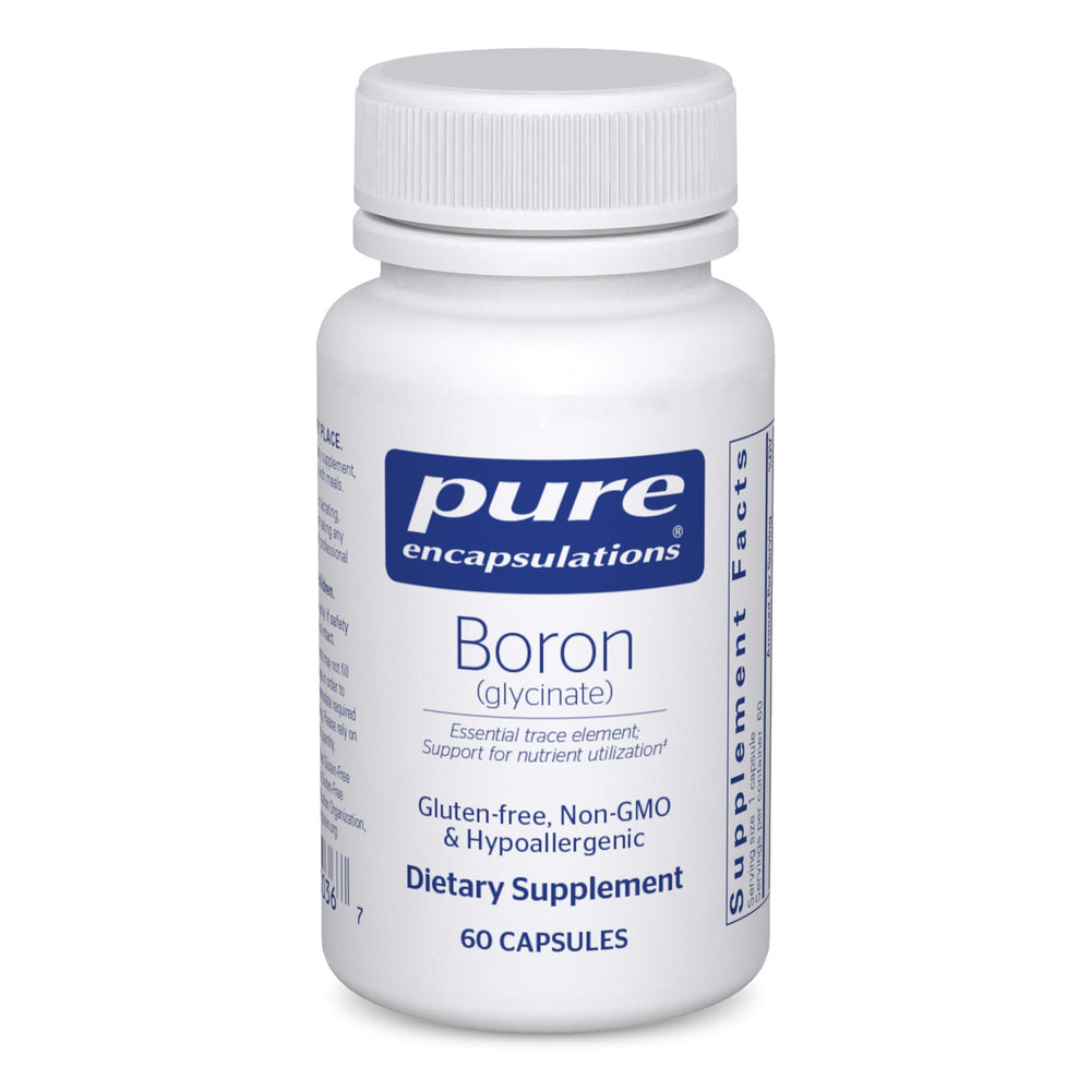 Pure Encapsulations Boron Glycinate bottle front, signaling quality for metabolism and bone support.
