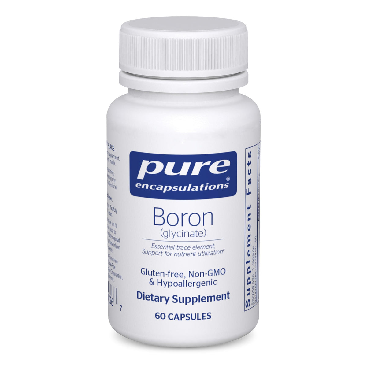 Pure Encapsulations Boron Glycinate bottle front, signaling quality for metabolism and bone support.