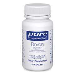 Pure Encapsulations Boron Glycinate bottle front, signaling quality for metabolism and bone support.