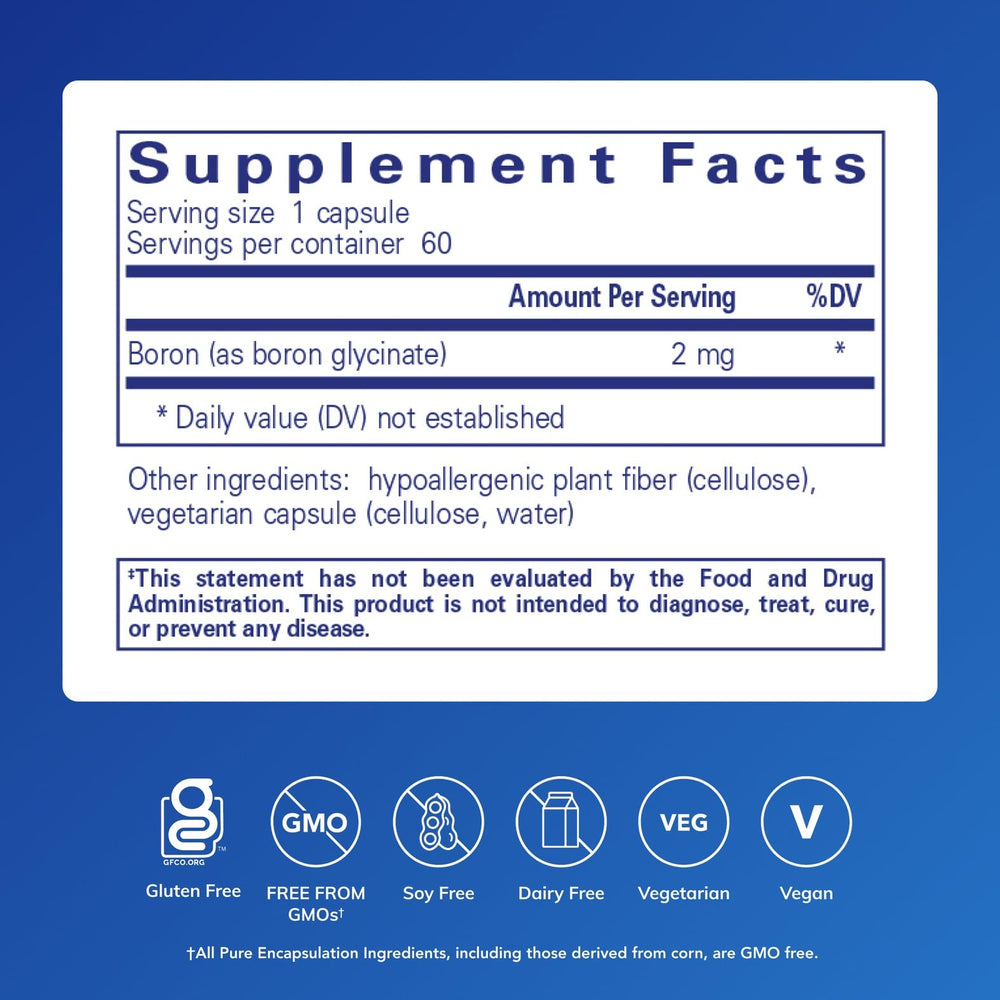 Pure Encapsulations Boron Glycinate bottle label with allergen-free and purity commitments.