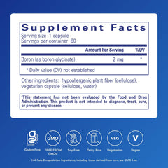 Pure Encapsulations Boron Glycinate bottle label with allergen-free and purity commitments.