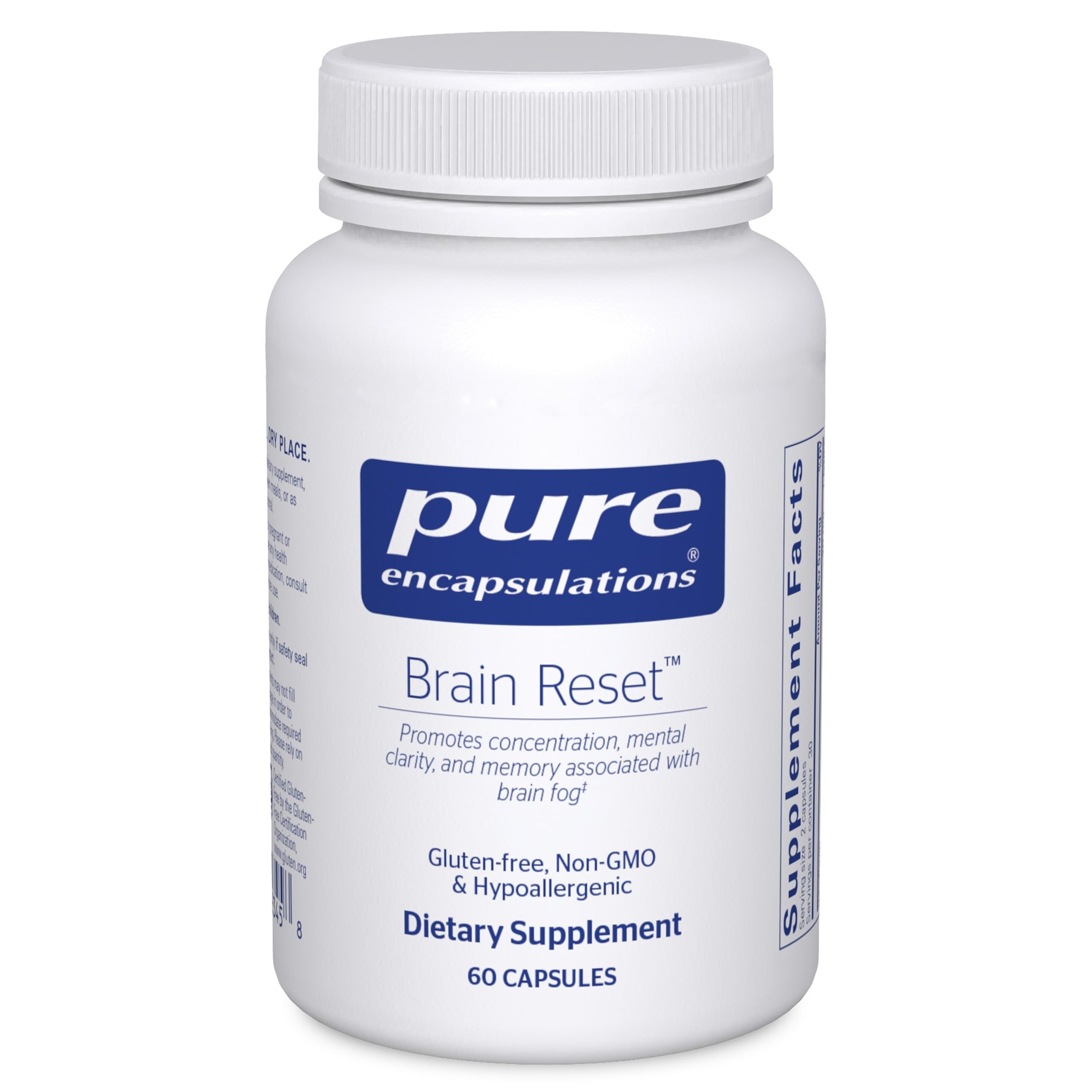 Pure Encapsulations Brain Reset capsules close-up highlighting focus and cognitive clarity potential.