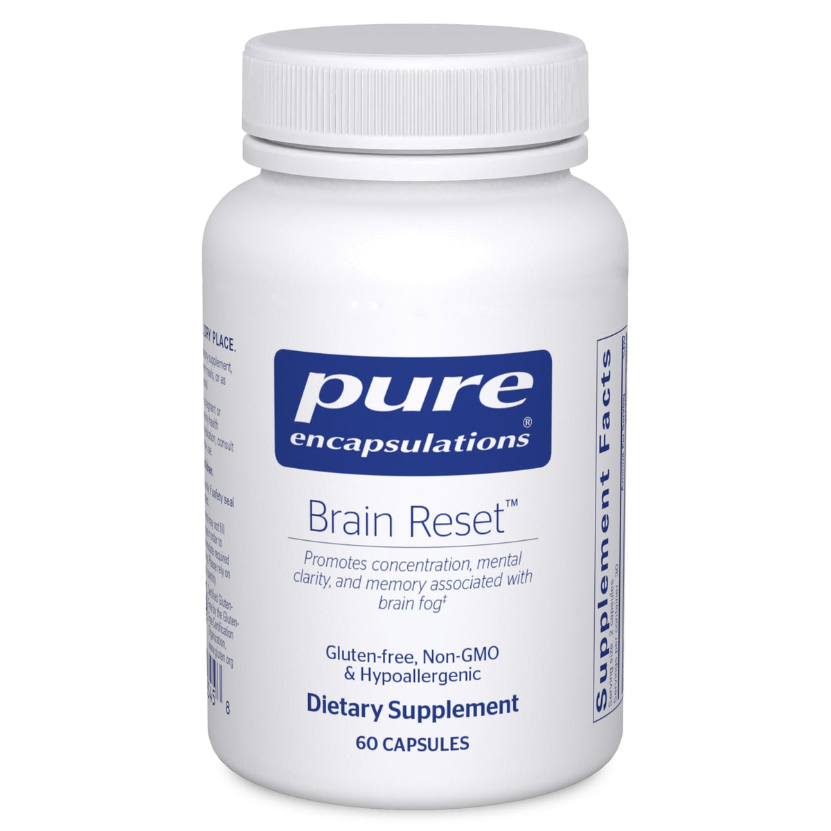 Pure Encapsulations Brain Reset capsules close-up highlighting focus and cognitive clarity potential.