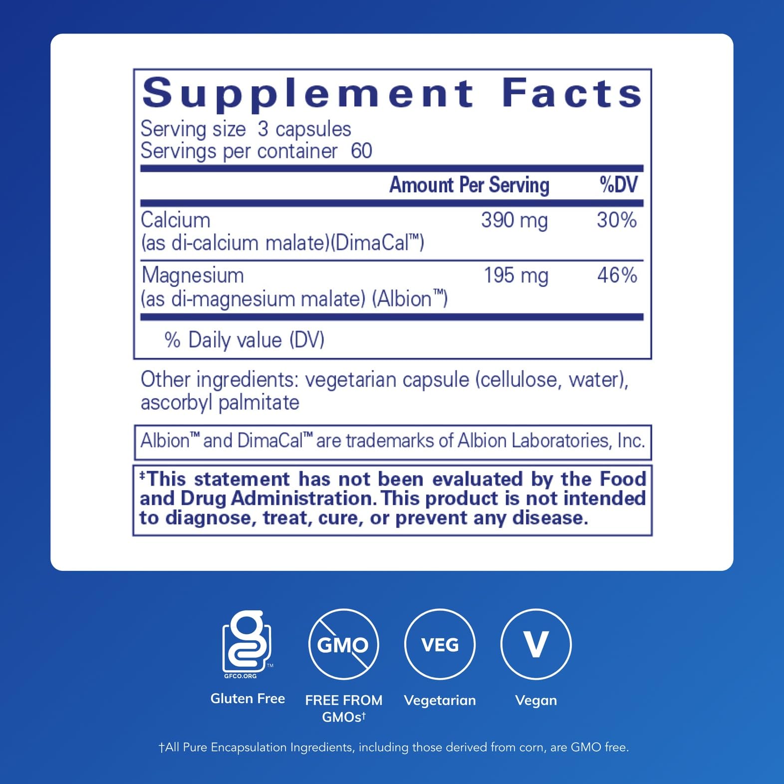 Pure Encapsulations Cal/Mag Malate bottle label showing 2 to 1 calcium magnesium ratio