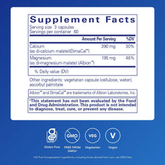 Pure Encapsulations Cal/Mag Malate bottle label showing 2 to 1 calcium magnesium ratio