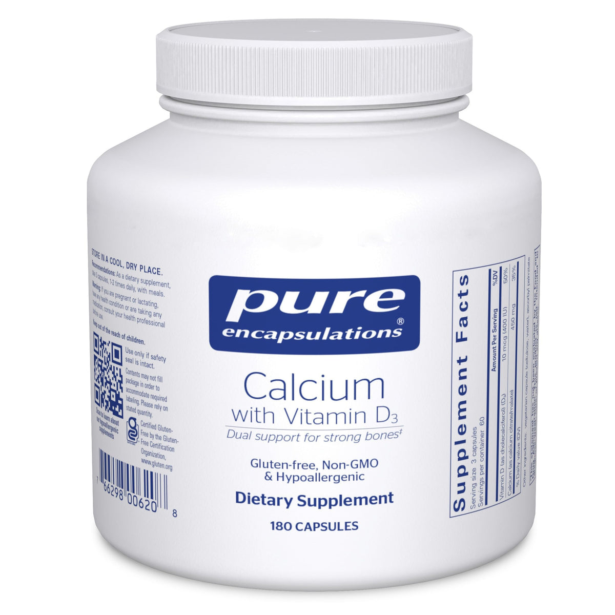 Pure Encapsulations Calcium with Vitamin D3 bottle highlighting bone health support