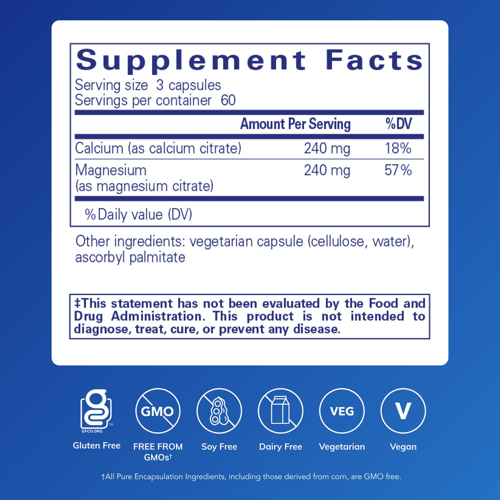 Pure Encapsulations Calcium Magnesium Citrate capsules for daily mineral support.