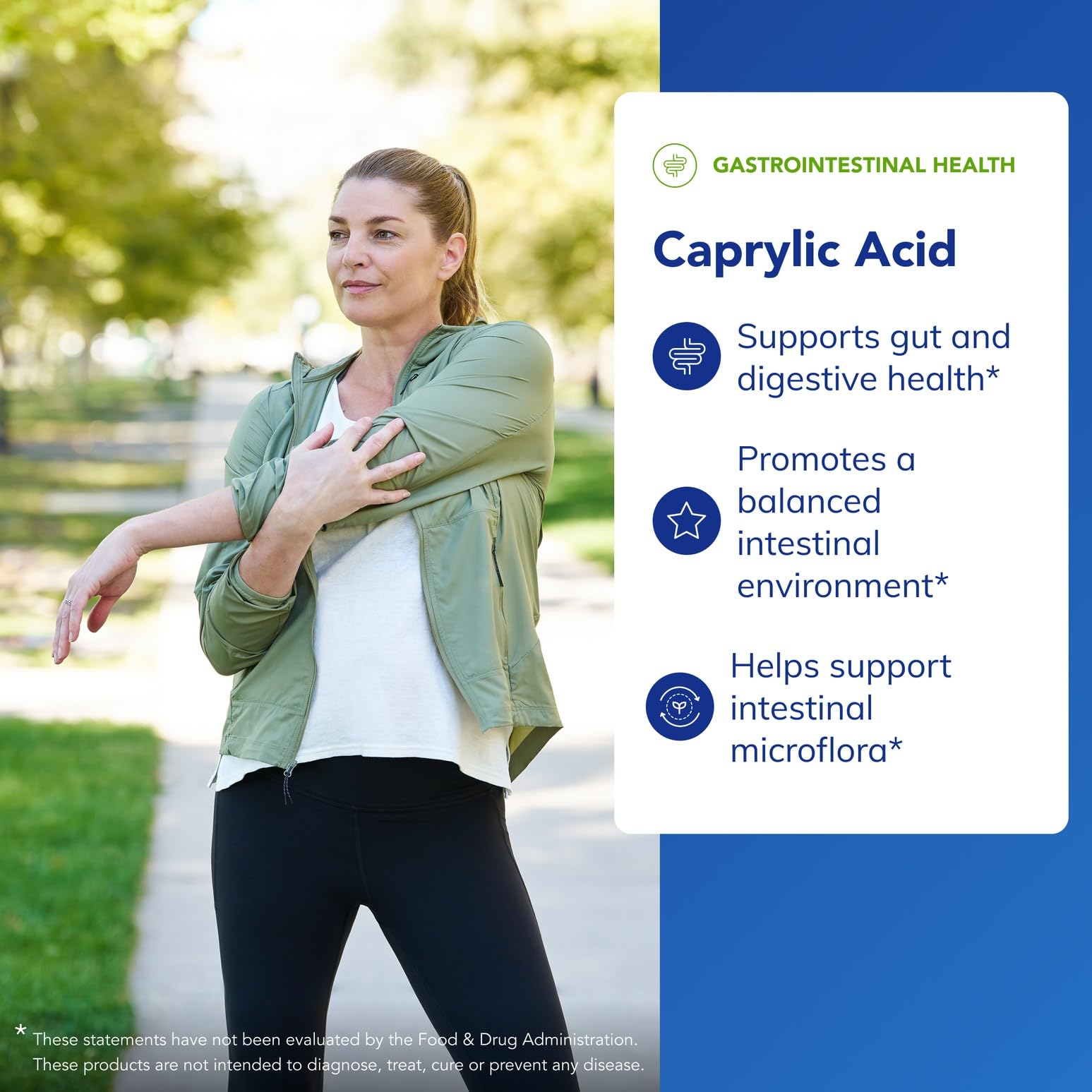 Caprylic Acid bottle closeup showing dosage label for intestinal support