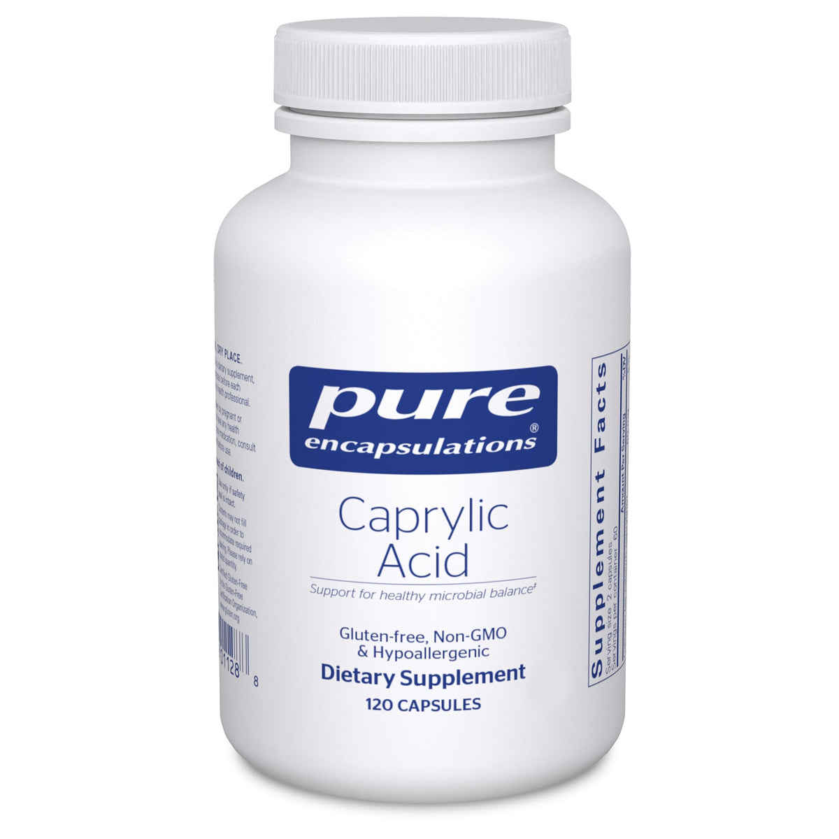 Pure Encapsulations Caprylic Acid bottle label closeup for gut health support